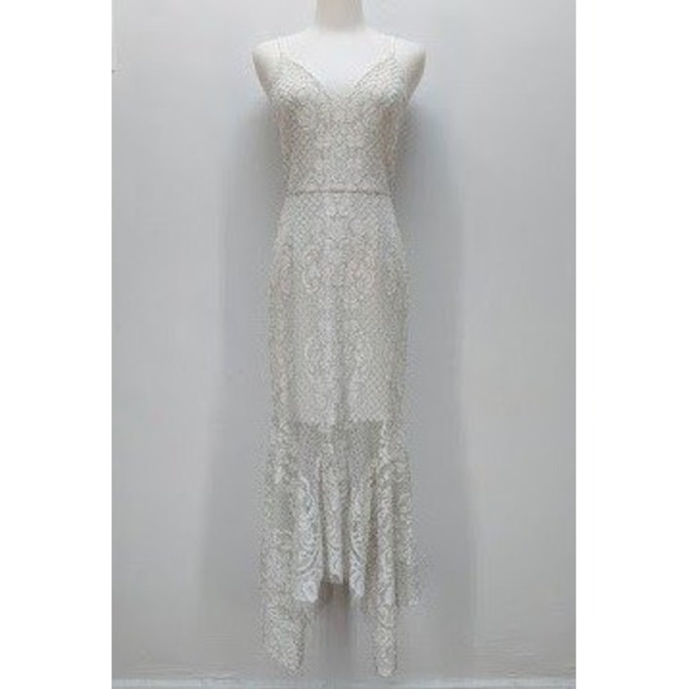Shona Joy Lace Midi Dress Women's Size 4 White Handkerchief Hem V-Neck Formal